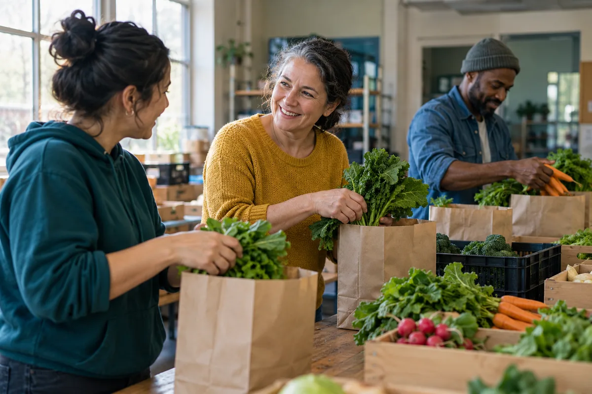 Volunteers preparing fresh produce together at a neighborhood food pantry